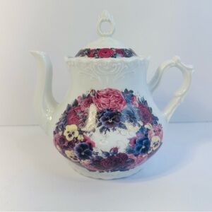 Floral Teapot with Pink Rose and Violet Accents
